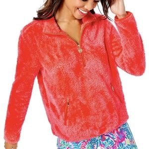 Lilly Pulitzer Keala Skipper Sherpa Popover in Ruby Red, size L, worn 3x